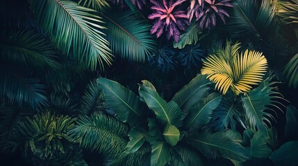 Aufkleber - Lush tropical foliage overhead shot, vibrant green and purple leaves, dense jungle.