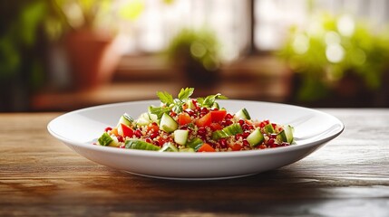 Poster - Delicious and healthy quinoa salad with pomegranate, cucumber, and parsley on a rustic wooden table.