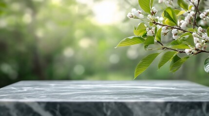 Aufkleber - Empty marble table with blurred spring blossom background.