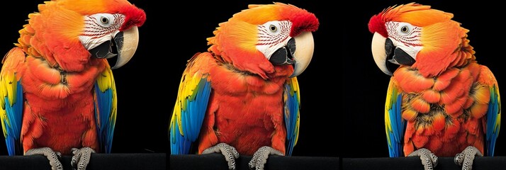 Aufkleber - Three vibrant Scarlet Macaws with defined musculature, posed against a black background.