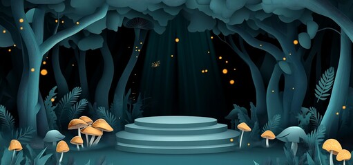 Poster - Mystical forest scene with a three-tiered platform, glowing fireflies, mushrooms, and lush foliage at night.