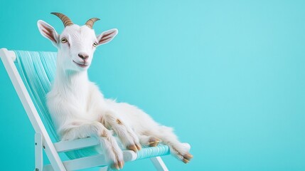 Poster - White goat relaxing on a beach chair against a turquoise background.