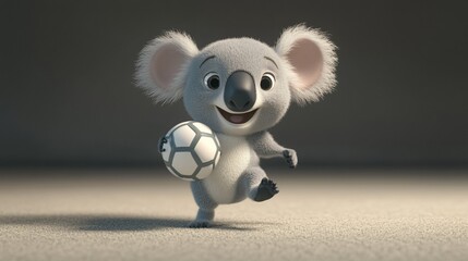 Poster - Adorable 3D koala playing soccer, happy expression, close-up view.