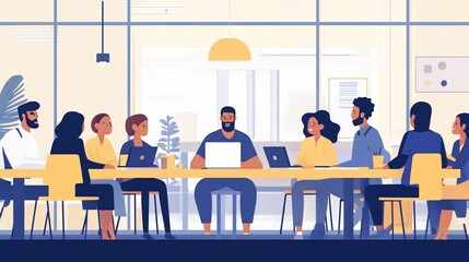 Fototapete - Diverse business team meeting around a long table in a modern office.