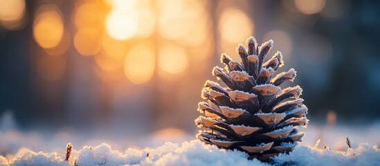 Poster - Frosty pine cone in snowy landscape at sunset.