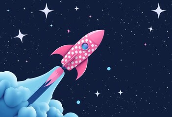 Wall Mural - Pink and blue patterned rockets soaring through space, stars in background,  nebula,  blue