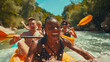 © Eva - Realistic photo of a multiethnic group of young adults kayaking on a clear river surrounded by summer greenery, laughing and paddling, sunny day, splashes of water, reflections, natural expressions, w