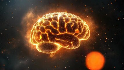 Poster - glowing brain surrounded by particles symbolizes advanced technology and intelligence. 