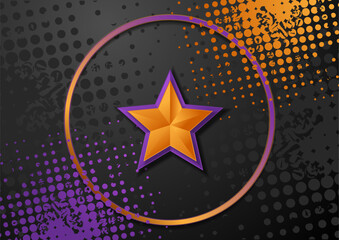 Fototapete - Violet orange contrast 3d star and circle ring geometric grunge background. Vector halftone retro design