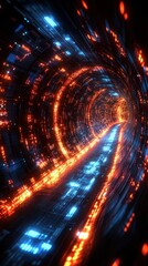 Poster - Cybernetic Tunnel: A Digital Journey Through Neon Lights