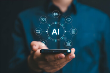 Poster - Person Holding Smartphone Displaying AI Technology Interface