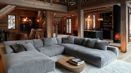 Poster - Cozy house interior with a wooden floor and large gray sofa
