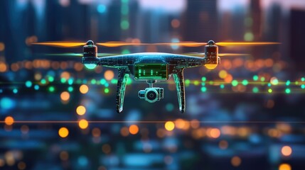 Poster - Futuristic drone hovering above neon-lit smart cityscape with digital mapping overlay