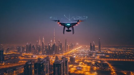 Poster - Futuristic drone hovering above neon-lit smart cityscape with digital mapping overlay