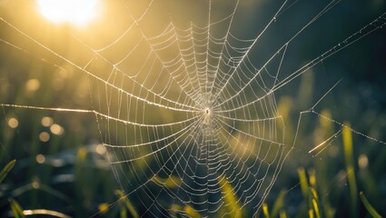Close-up of spider web with dew, backlit by morning sun, with blurred green grass in the background. Nature and arachnid spider web detail. The concept of delicate web structure and morning light.
