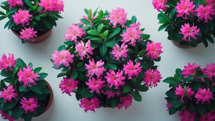 Wall Mural - bird's eye view of a bunch of soft, bright pink flowers in a flower pot placed on a wooden table
