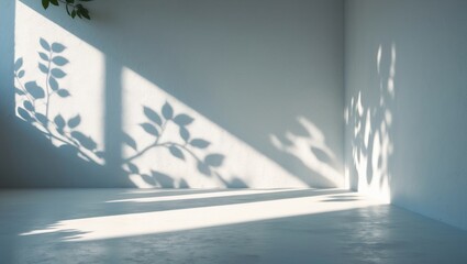 Poster - White concrete makes up the floor and walls. Shadows from leaves and branches create a natural design with light gray shading and space. Perspective view.