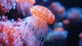 Elegant jellyfish and sea anemone under water, enchanting deep sea view