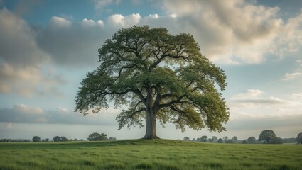 Wall Mural - A tree stands in the grass on a cloudy day, set against a plain landscape.