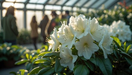 Wall Mural - gorgeous white azalea or rhododendron petals basking in sunlight within greenhouse, close-up, select
