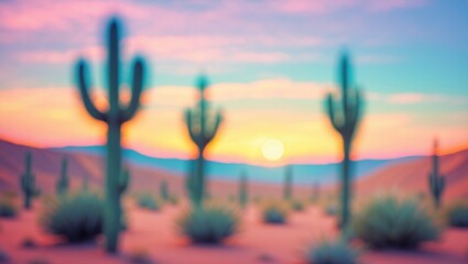 Poster - Blurred Background Featuring a Cactus in a Desert Scene Under a Colorful Sky and Warm Sunlight.
