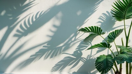 Wall Mural - Shadows of tropical plant leaves on a white wall creating an abstract background with center copy space. Urban jungle idea.