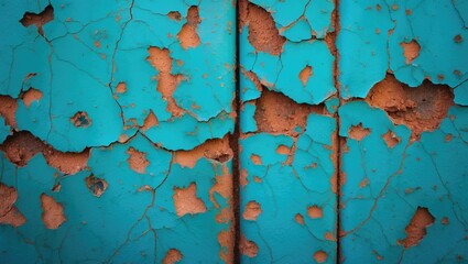 Poster - Rusty surface with a cracked and painted old metal appearance in turquoise.
