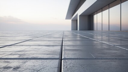 Poster - A vacant cement floor covered with steel paving and an architectural facade in the background, portrayed vividly in a photo.