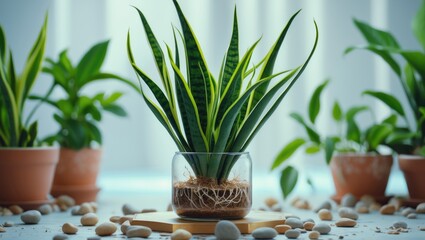 Wall Mural - small aquatic sansevieria trifasciata plants. concept of houseplant care. decorative indoor desk pla