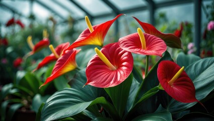 Wall Mural - anthurium plants in a greenhouse