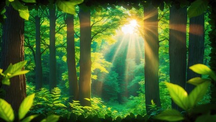 Poster - Beautiful grove of fresh green trees enclosed by leaves, with warm sunlight streaming through the branches