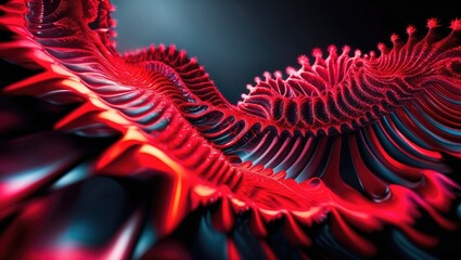 Wall Mural - Multicolored glowing lines in a red abstract fractal wave against a dark background.