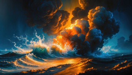Poster - Undersea explosion illustrated in acrylic with a smoky background.