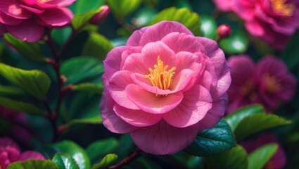 Wall Mural - among the rich green foliage, a bright pink camellia flower shines, displaying its soft petals and d
