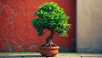 Poster - tiny bonsai tree in a container next to a wall.