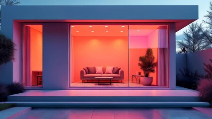 Poster - Modern house. Evening glow. Glass wall. Cozy sofa. Indoor plant. Minimalist style. Outdoor pool. Relaxation scene. Warm lighting. Luxury home. Residential design. Architecture photo. Real estate. Liv