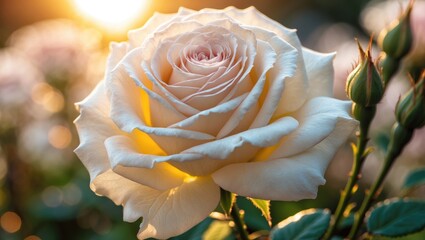 Wall Mural - close-up macro shot of a fully bloomed white rosa sempervirens rose flowerhead in bright sunlight.