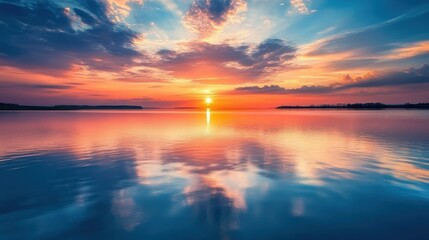 Wall Mural - Horizon Beauty In Nature. Panoramic Sunrise over the Icelandic Lake with Stunning Sky and Cloud Scenery