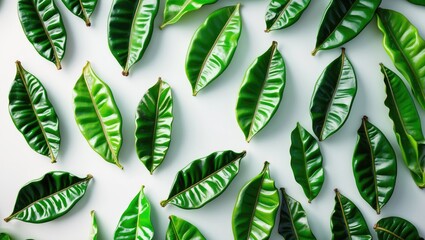 Wall Mural - set of vibrant green coffee leaves displayed on a white surface.