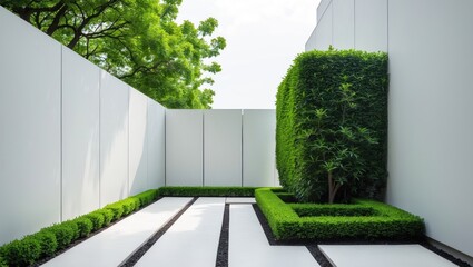 Wall Mural - a white backdrop featuring a tree fence wall. in perspective, a bush or shrub with pruned pathways f