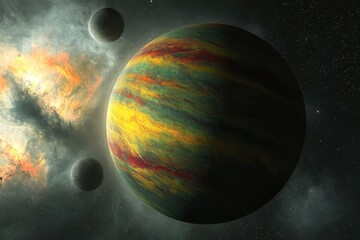 Wall Mural - Stunning Cosmic Scene of a Colorful Planet with Moons and Nebula in Deep Space