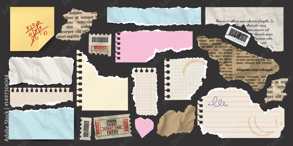 เวกเตอร์ Stock Set of torn paper. Notepad sheets, scraps of notebook ...