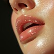 © tanawat - Cinematic lighting accentuates the glistening, wet lips and skin of a young woman, similar to a leeyongjay 2025 depiction, achieving a hyperrealistic effect.