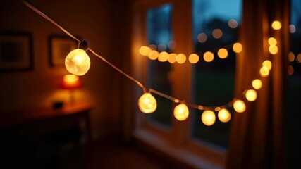Poster - Warm lights. Cozy room. String bulbs. Indoor ambiance. Nighttime mood. Soft focus. Blurred background. Decorative lighting. Living space. Home interior. Festive decor. Relaxed atmosphere. Warm colors