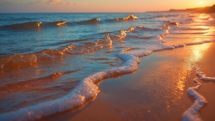 Poster - Soft ocean waves lap against the shore, glowing under the warm golden sunlight.