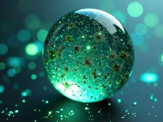 Wall Mural - Green glass sphere with a green and white pattern. The sphere is surrounded by a lot of glitter epoxy resin