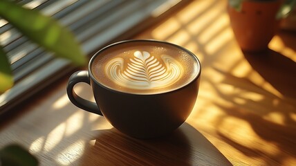 Fototapete - Rich latte sits on a wooden table, sunlight casting soft shadows through leaves.