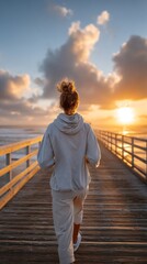 Poster - A young woman jogs along a wooden pier as the sun sets over the ocean. Clouds create a beautiful backdrop, enhancing the peaceful atmosphere of the evening run.