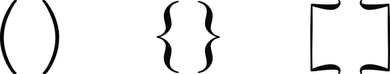 Fototapete - Text brackets icon set. Black quotation marks. Curly braces, double symmetric and angle. Vintage typographic symbol calligraphic quote frame. Doodle, element lettering. Vector for punctuation maths.