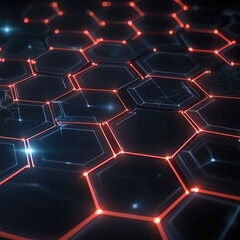 Poster - Futuristic hexagon pattern, glowing red lines, dark background, digital technology, abstract modern design